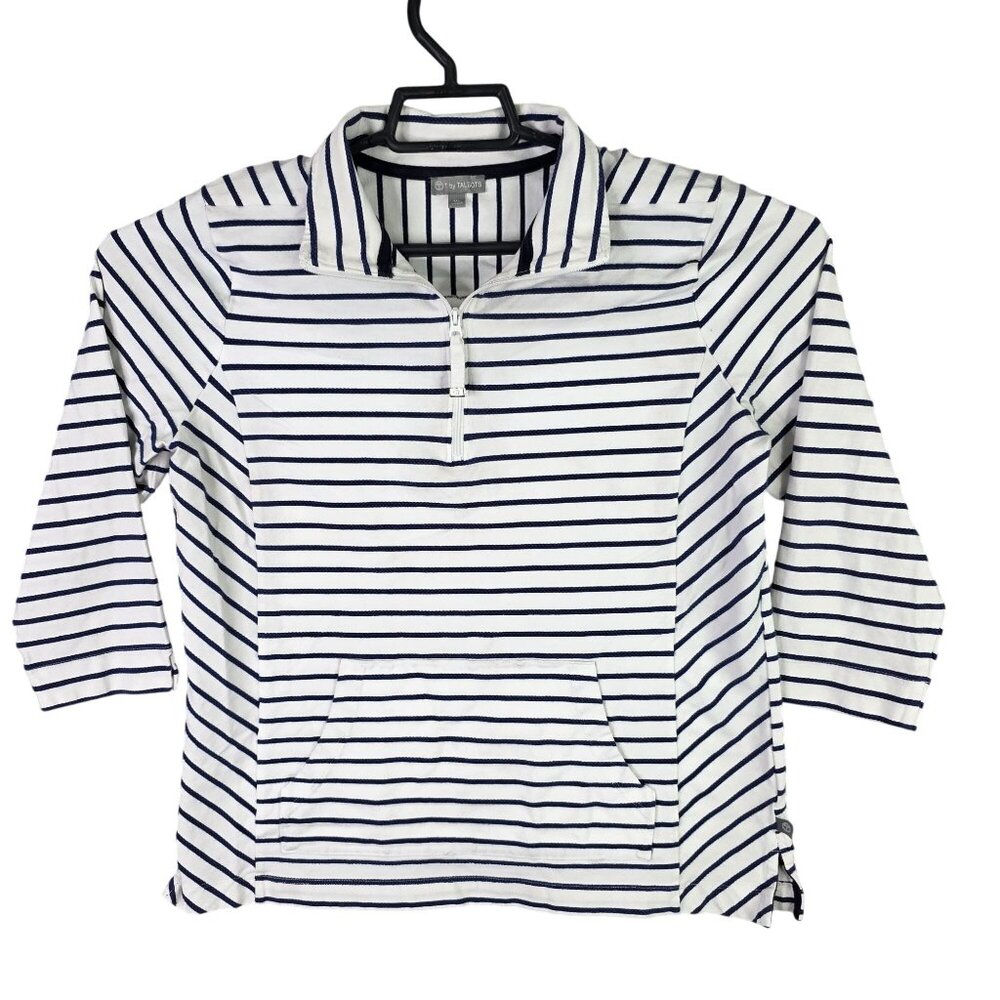 Womens T By Talbots White & Navy Striped Pullover Top 1/4 Zip Cotton Size MP